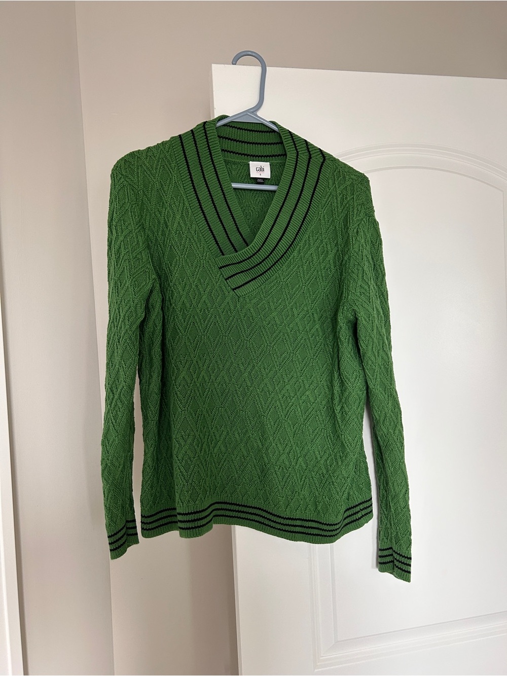 CAbi Green Cable Knit V-Neck Sweater with Black Trim